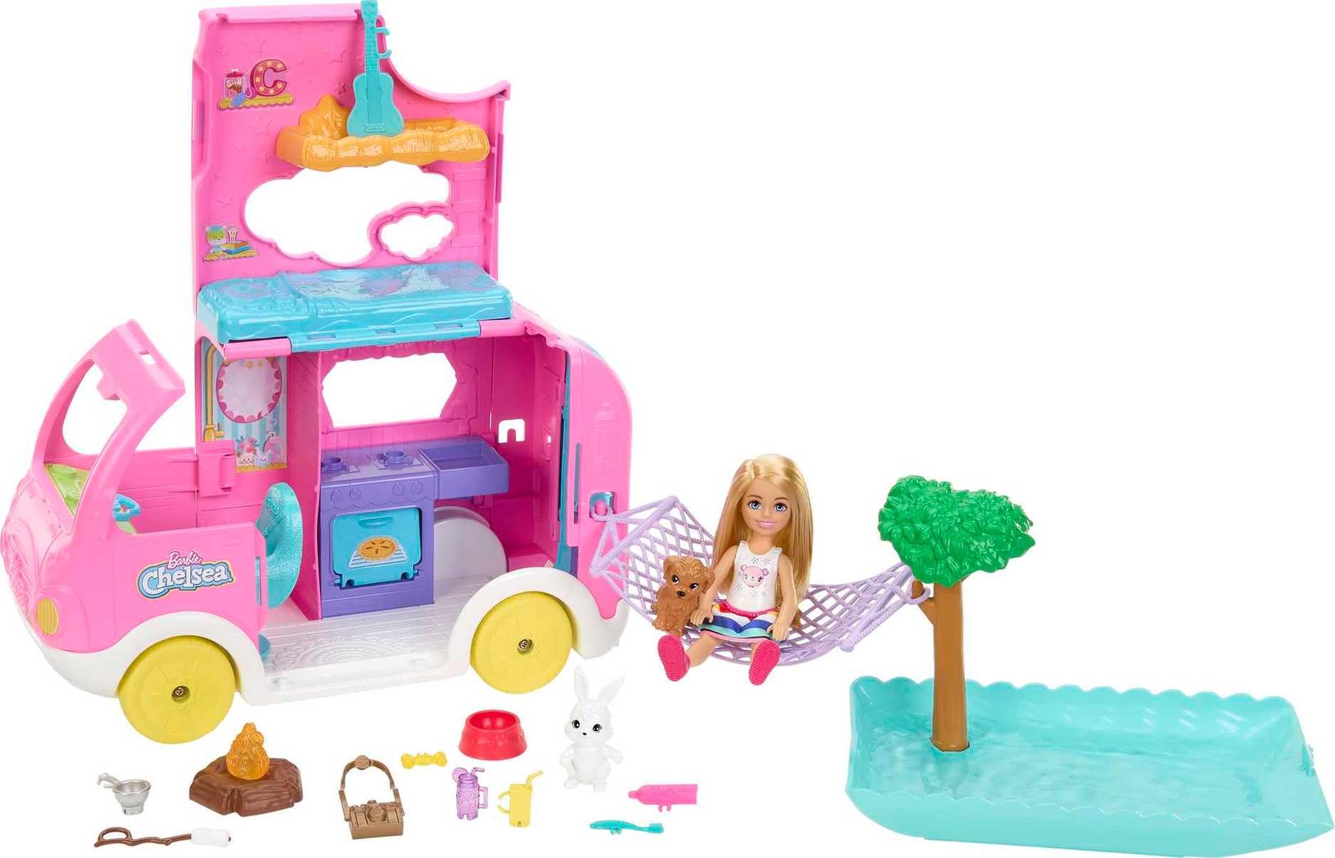 Barbie Chelsea 2-in-1 Camper Playset - Transforming Vehicle with Doll, 2 Pets & 15 Accessories for Kids 3+