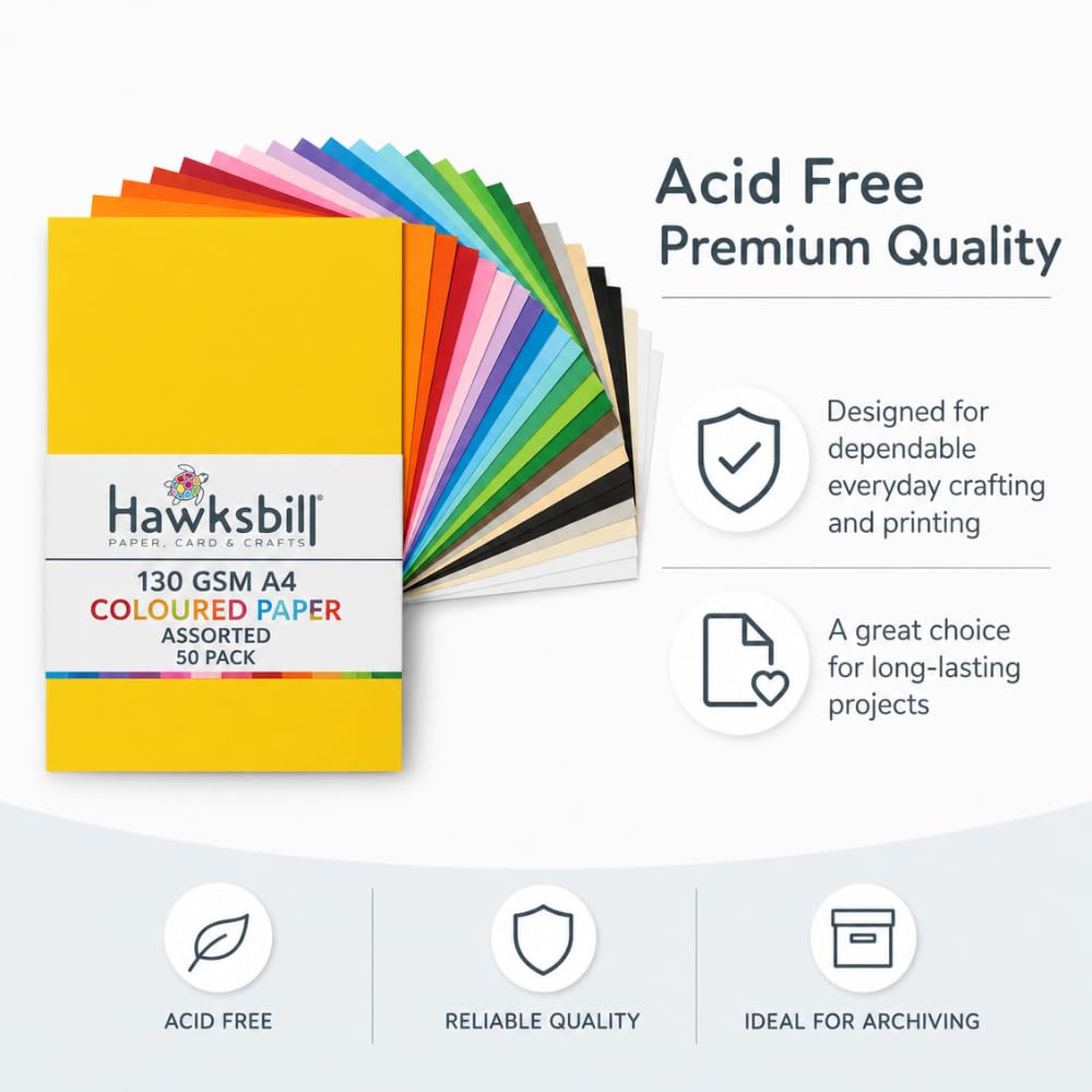 Hawksbill A4 Coloured Paper - 130GSM Premium Quality | 50 Assorted Rainbow Sheets | Ideal for Arts & Crafts 3