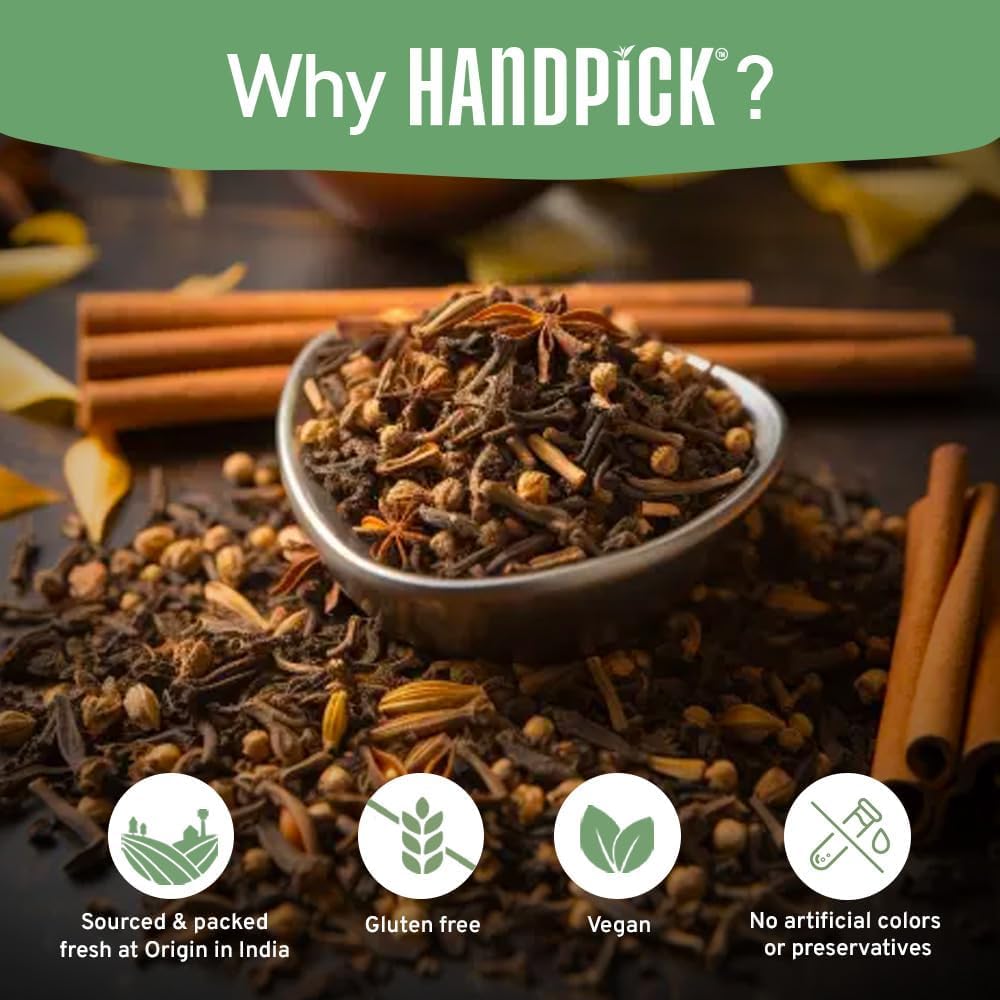 HANDPICK Masala Chai Tea Bags from India (100 Count) - Cinnamon, Black Pepper, Cloves & Cardamom - Eco-conscious Round Tea Bags
