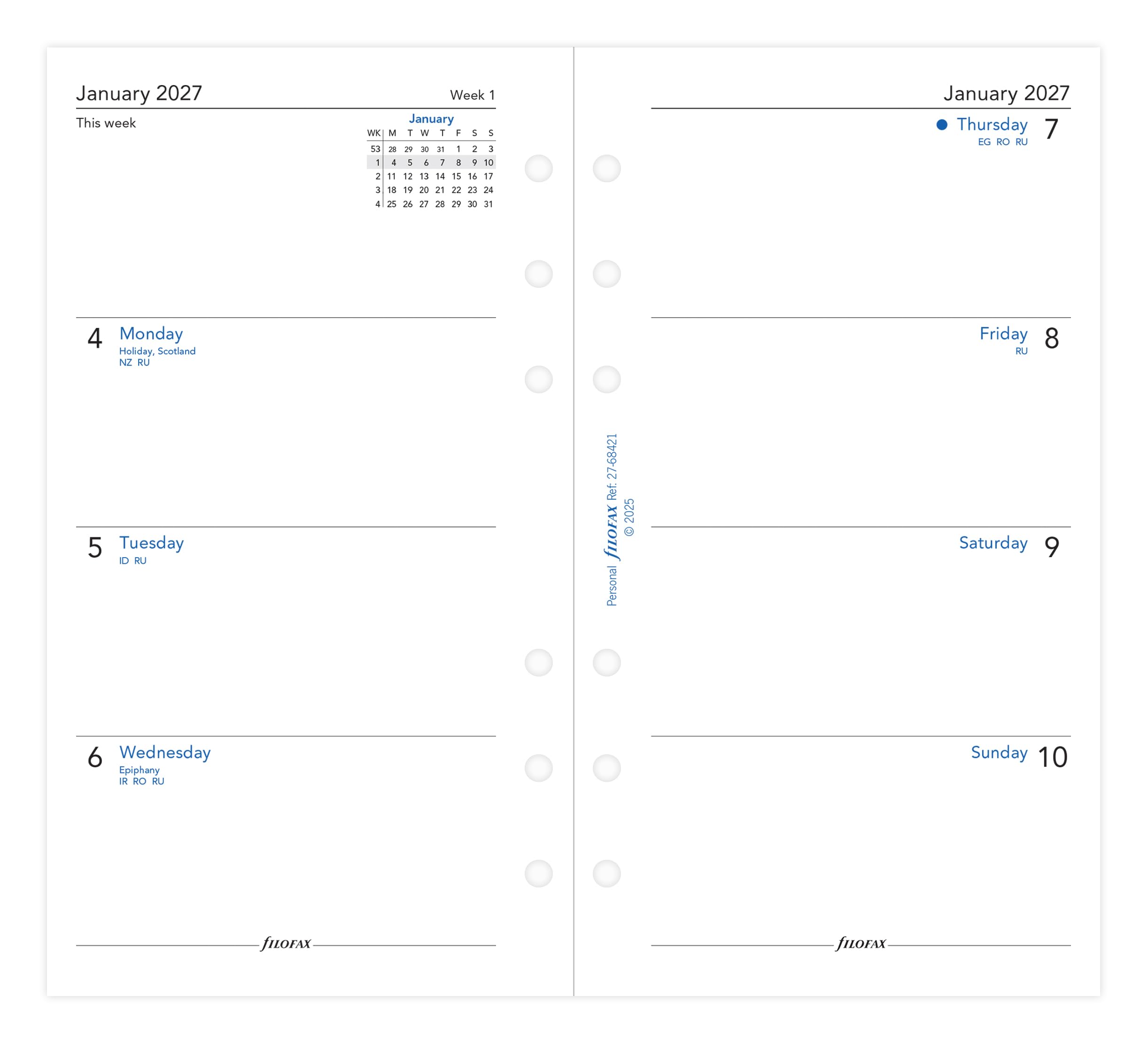 Filofax Personal 2027 Diary Refill - Week on Two Pages | Recycled Paper | 95mm x 171mm