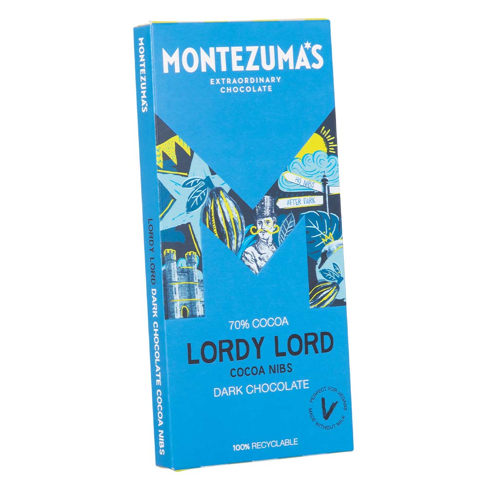 Montezuma - Lordy Lord 70% Cocoa Dark Chocolate Bar with Cocoa Nibs, Vegan & Gluten-Free, 90g