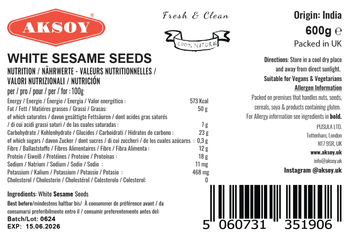 AKSOY Premium Sesame Seeds - 100% Natural, Nutty Flavor | 600g Pack