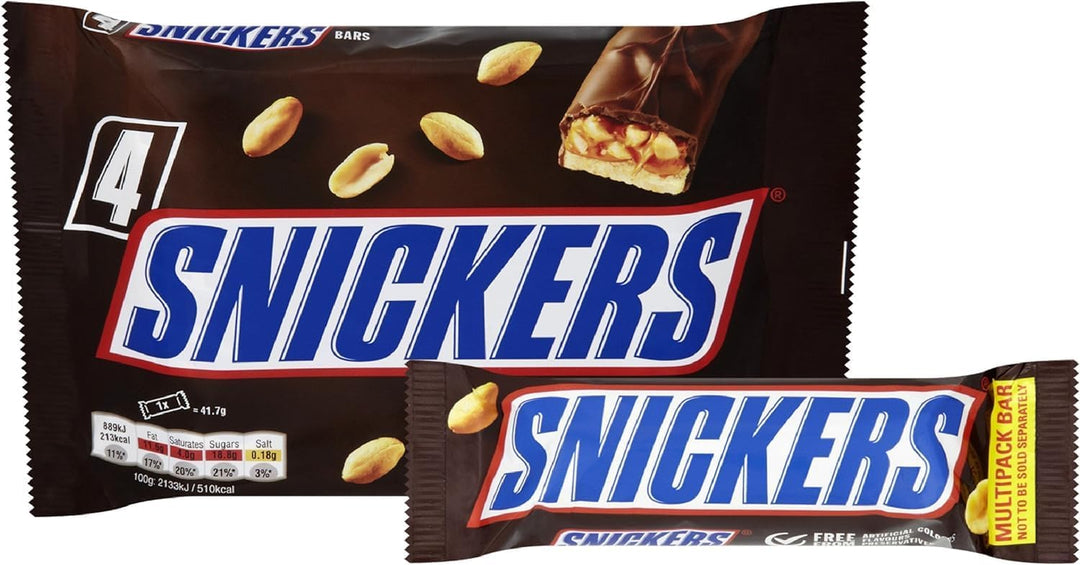 Snickers Chocolate Bars Multipack, 4 Pack of Milk Chocolate Snacks with Peanuts, Caramel & Nougat
