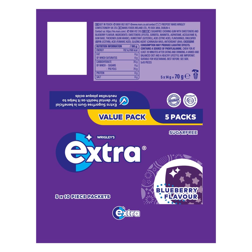 Wrigley's Extra Blueberry Sugar-Free Chewing Gum - 5 Packs of 10 Pieces (50 Total) 5