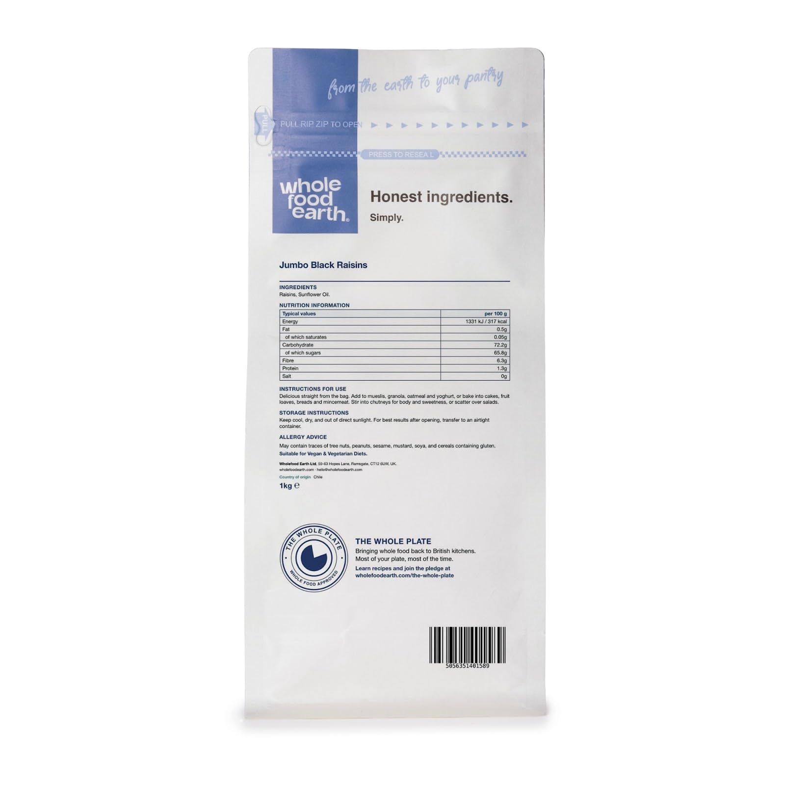 Wholefood Earth Jumbo Black Raisins - 1 kg Pack | High Fibre | GMO Free