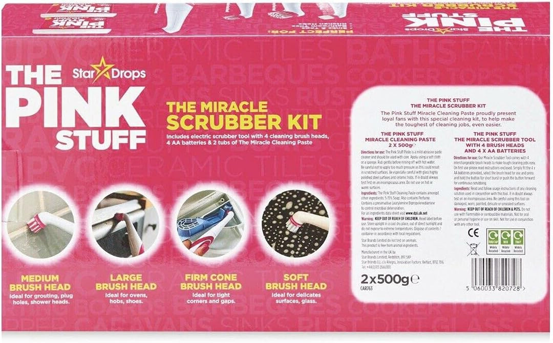 The Pink Stuff - Sonic Scrubber Kit with Miracle Cleaning Paste Cleaning Tool Set (2 x Paste Tubs + 4 Brush Heads)