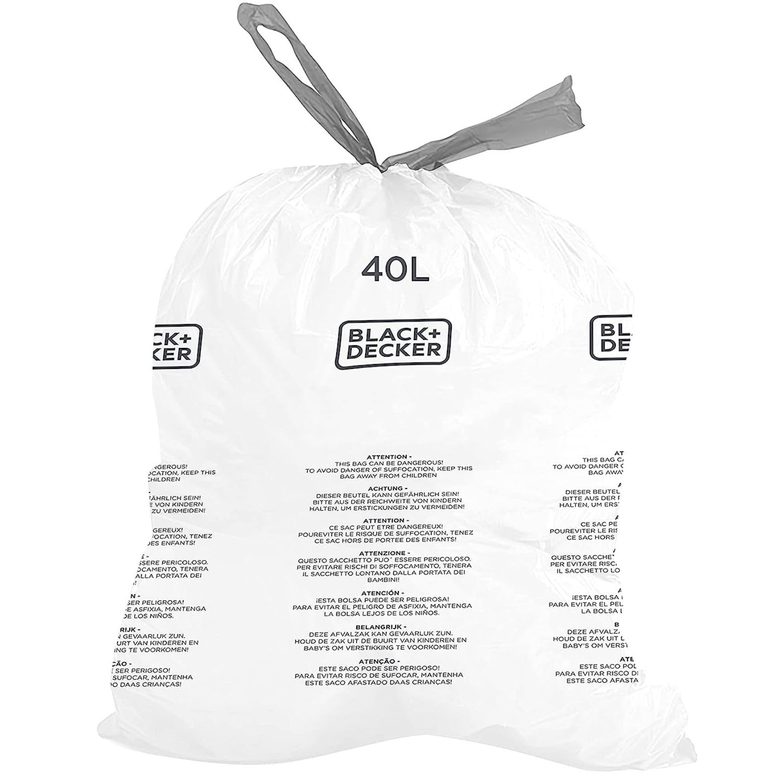 BLACK+DECKER 40L Drawstring Bin Liners - 20 Pack White Bags | Universal Fit