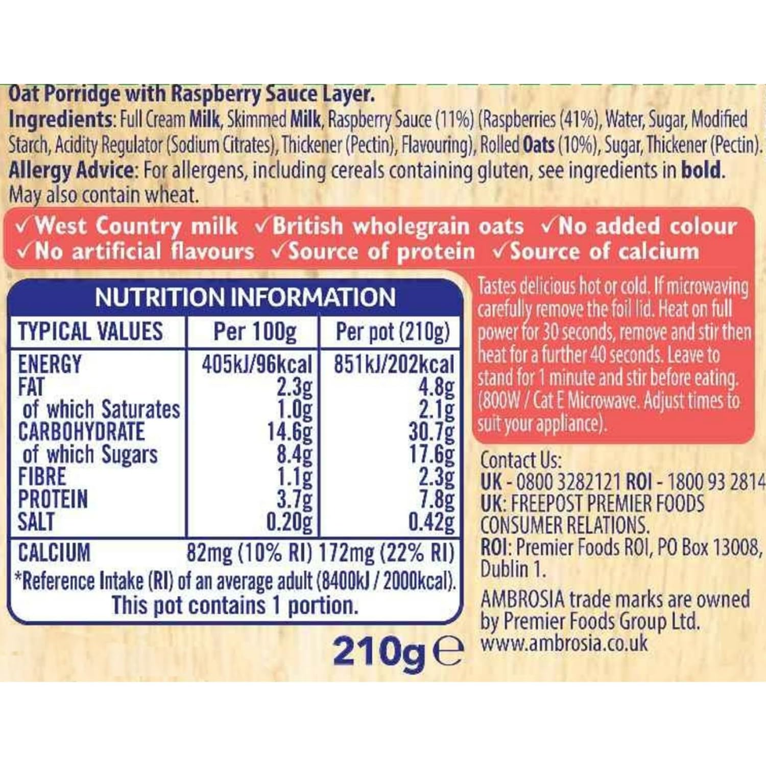 Ambrosia Raspberry Layered Porridge Pots with British Wholegrain Oats, Ready-to-Eat, 210g (Pack of 6) 6