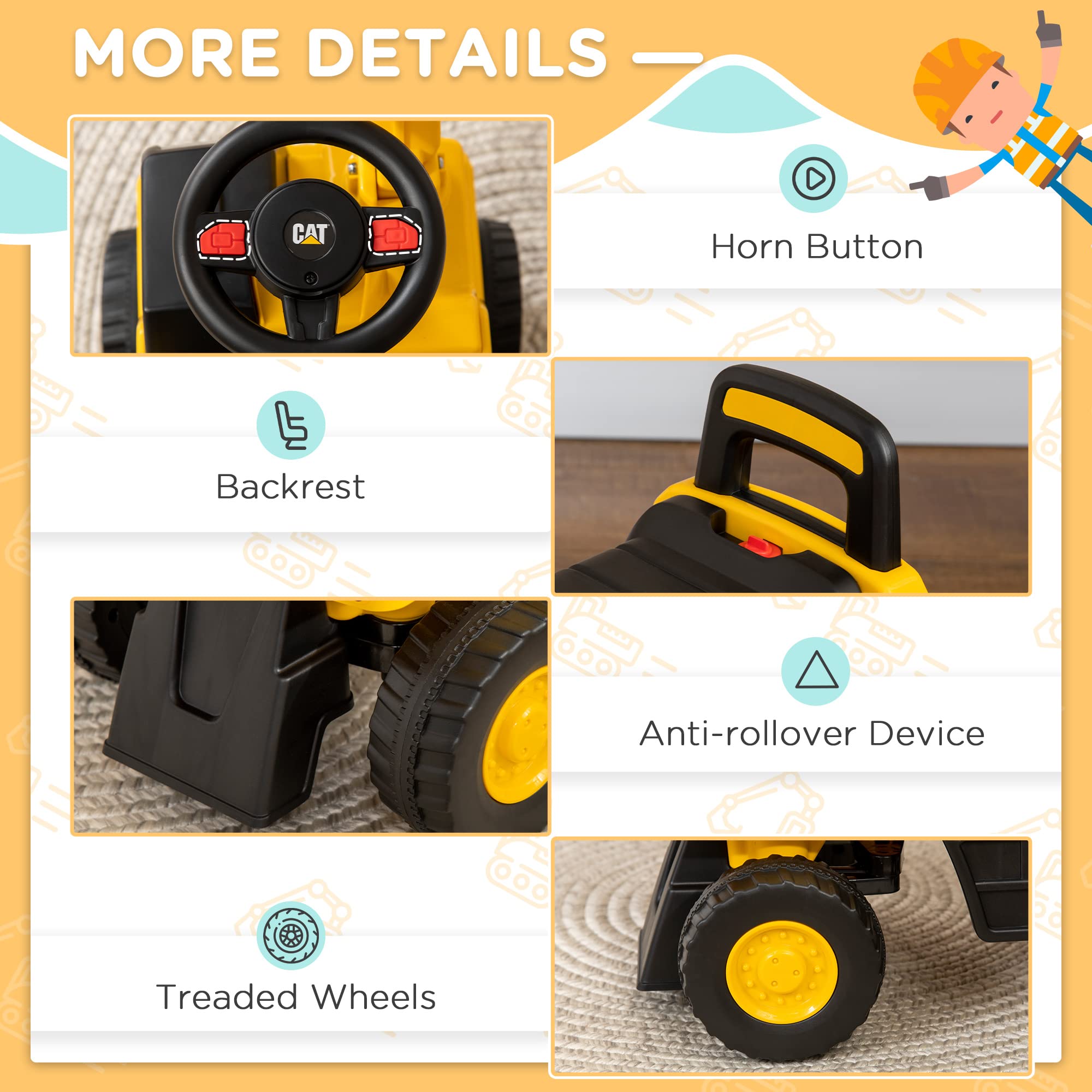 HOMCOM CAT Licensed Kids Ride-On Digger Toy | Foot-Powered | Ages 1-3 Years | Max Load 25kg 6
