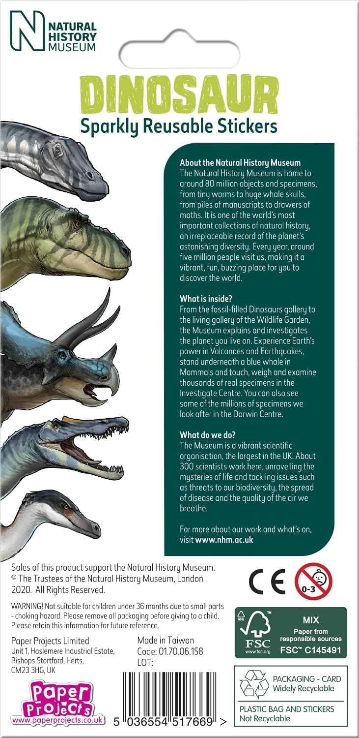 Paper Projects - Natural History Museum Dinosaurs Sparkly Reusable Stickers