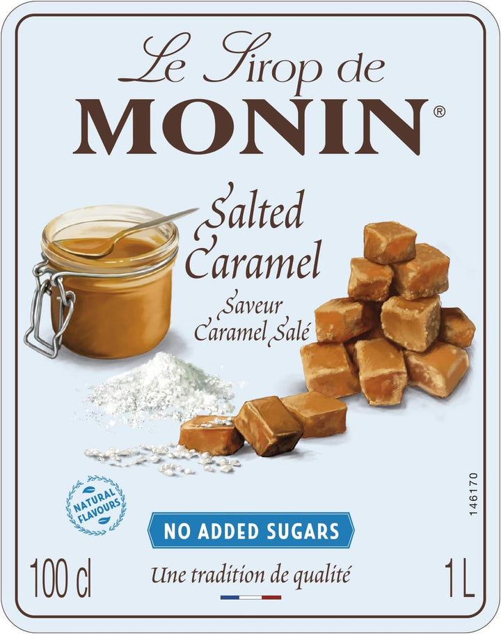 Monin Salted Caramel No Added Sugar Syrup 1L - Beverage Flavoring for Coffee, Cocktails & Frappes