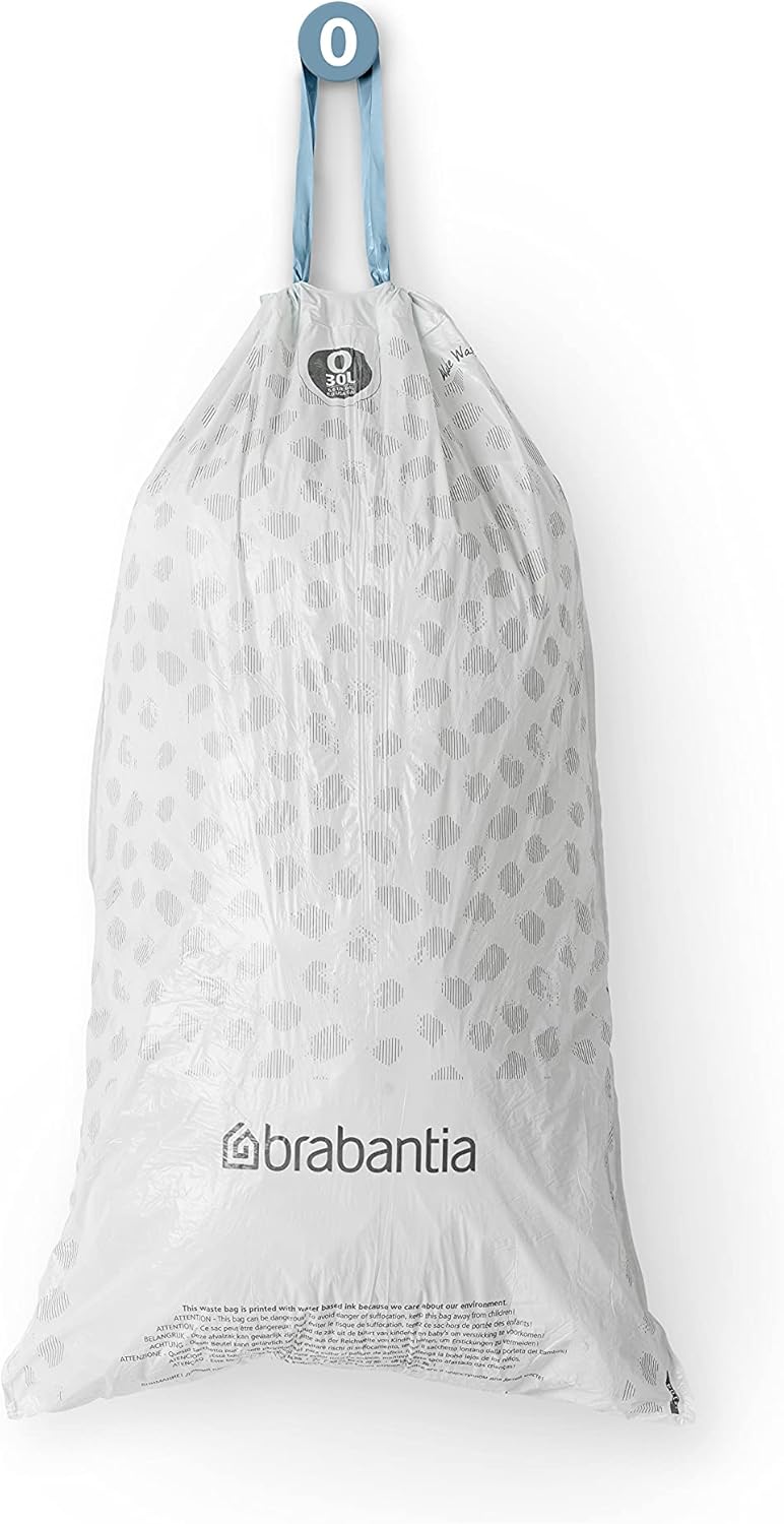 Brabantia PerfectFit Bin Liners Size O/30 Litre - Thick Plastic Trash Bags with Tie-Tape Handles (40 Pack)