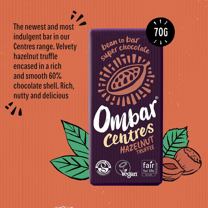 Ombar Centres Hazelnut Truffle Vegan Chocolate Bar - Organic, Fair Trade, Dairy & Gluten Free, 70g
