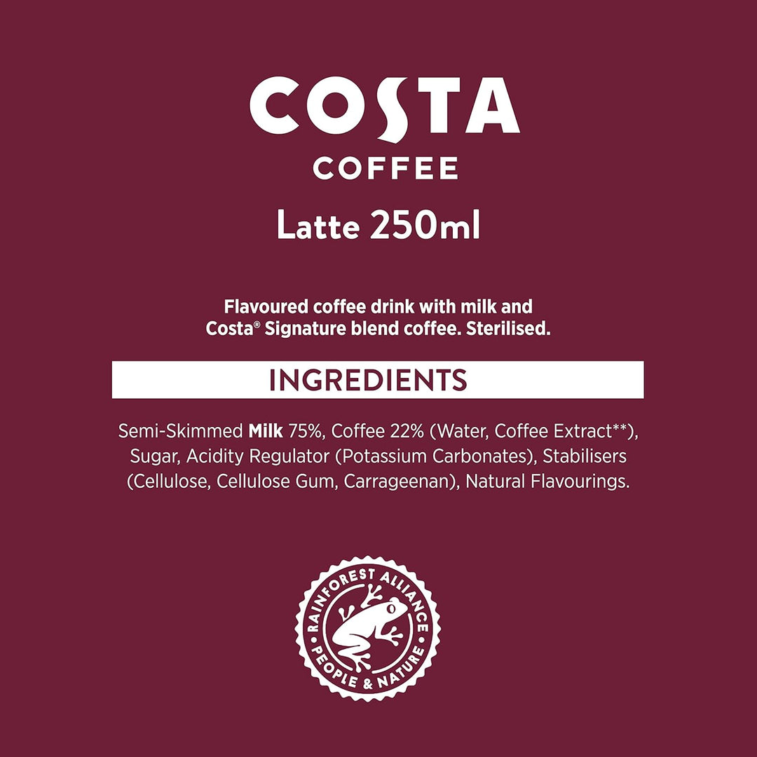 Costa Coffee Latte 4 x 250 ml - Creamy Ready-to-Drink Coffee with Mocha Italia Blend