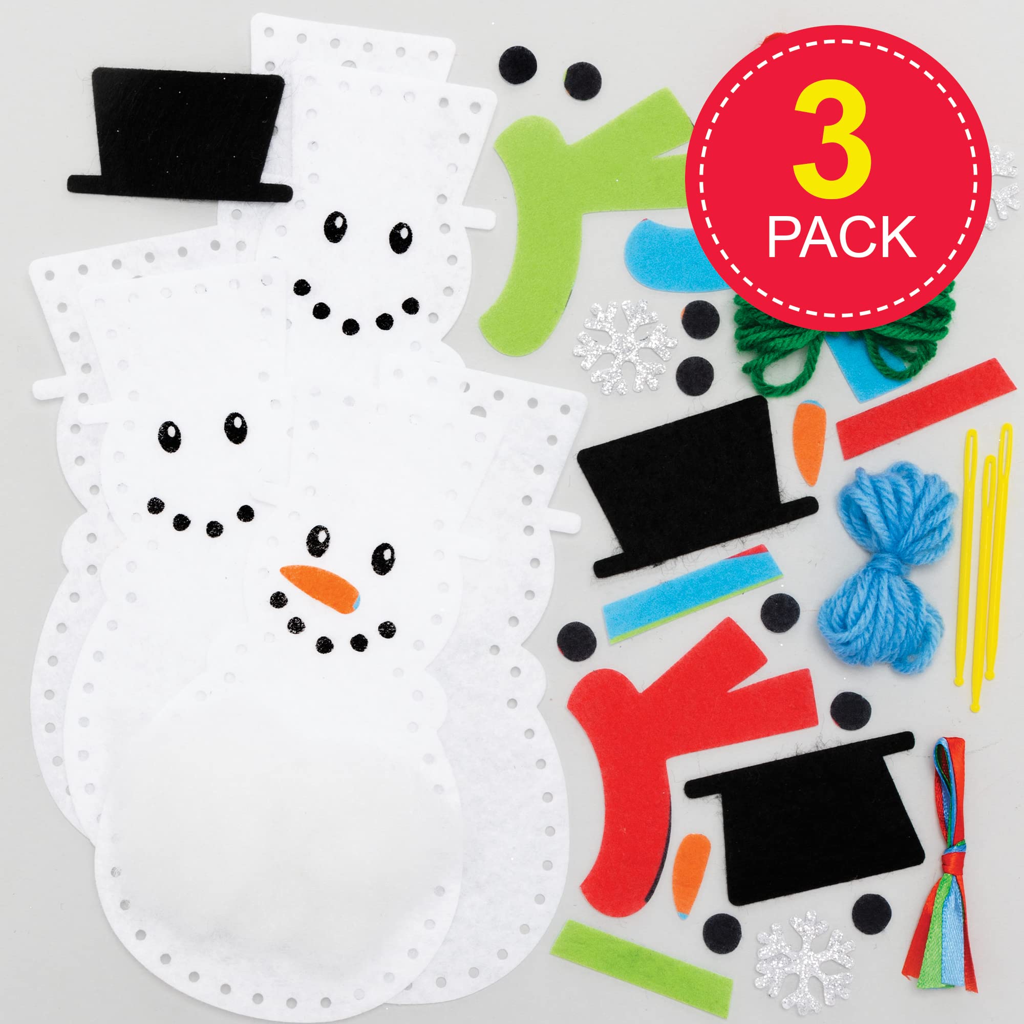 Baker Ross FE949 Snowman Decoration Sewing Kits - Pack of 3, Arts & Crafts Sewing Set for Kids 3