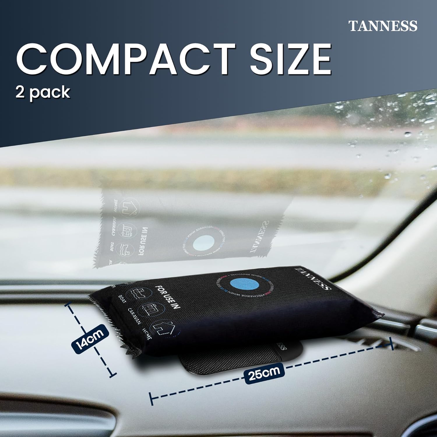 TANNESS - 2 Pack x 1kg Car Dehumidifier Bags with Anti-Slip Pads