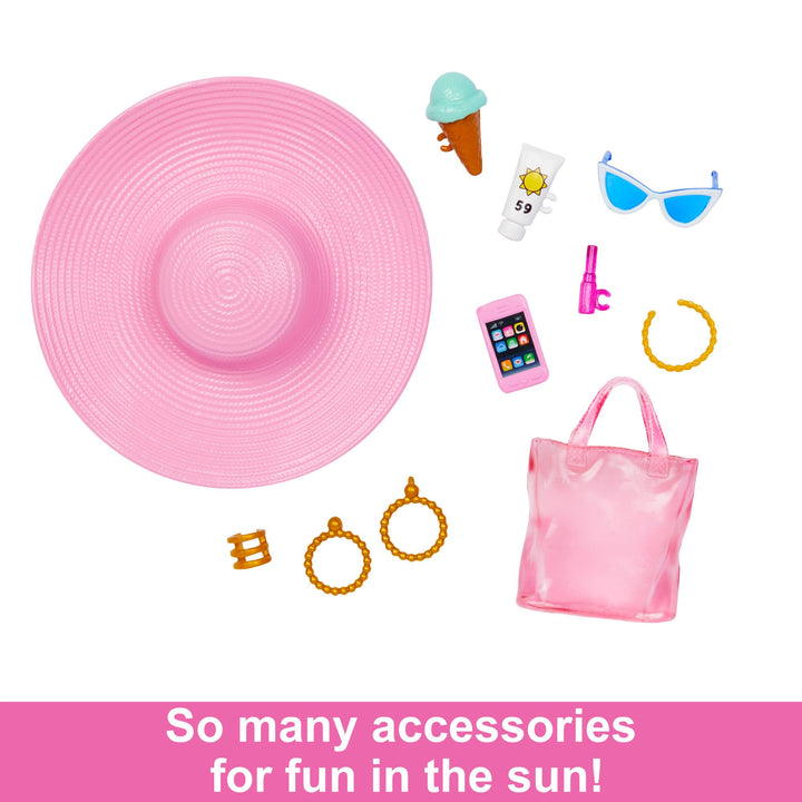 Barbie Doll - Pink & White Swimsuit with Beach Accessories, Ages 3+