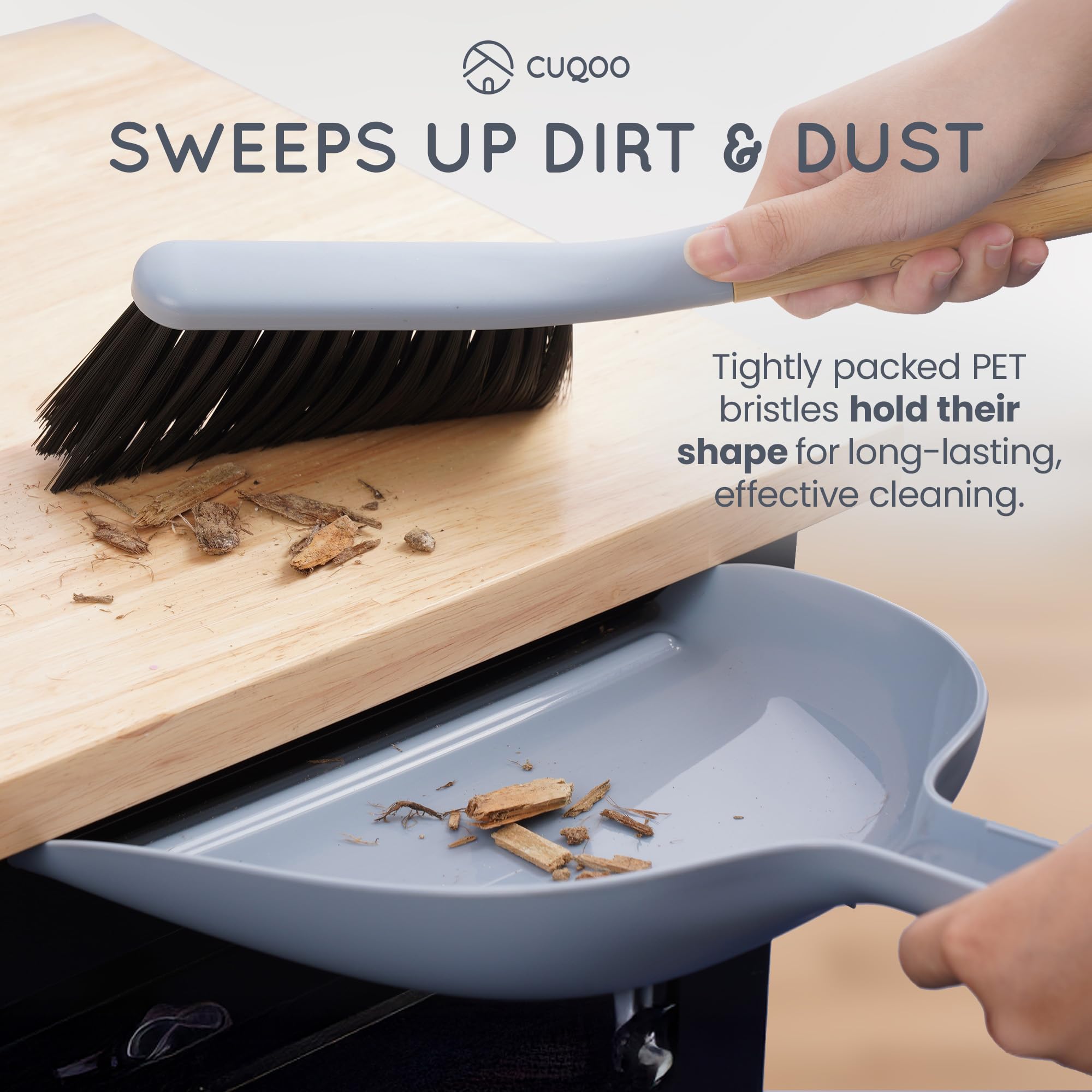 CUQOO Compact Bamboo Dustpan and Brush Set | Soft Scratch-Free Bristles | Grey 2