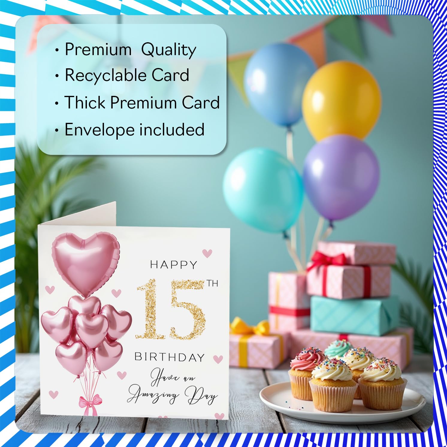 Stuff4 15th Birthday Card for Girls - Pink Glitter Balloons | 145mm x 145mm | Blank Inside 3