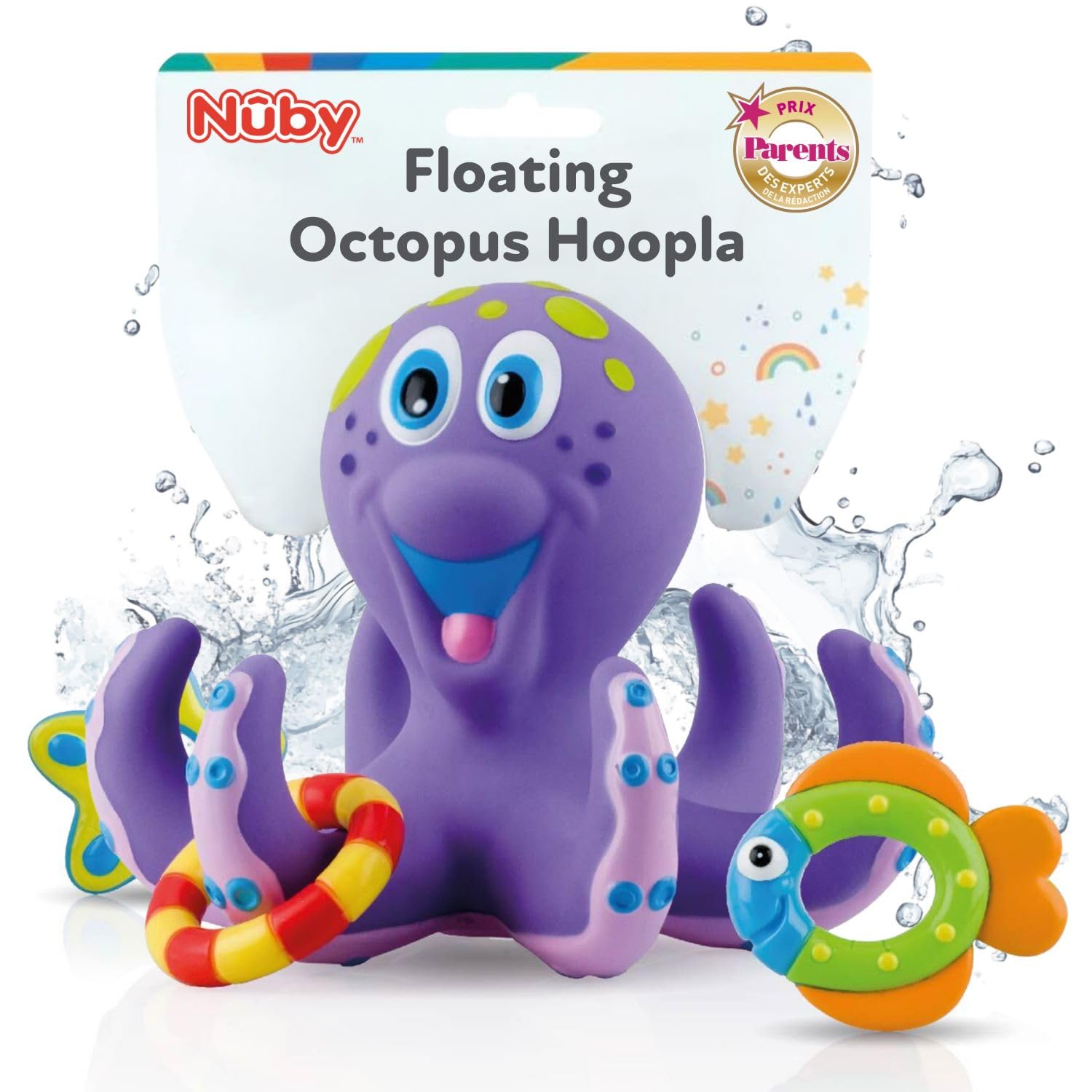 Nuby Floating Octopus Bath Toy with 3 Throwing Rings | Ages 18 Months+ | Purple