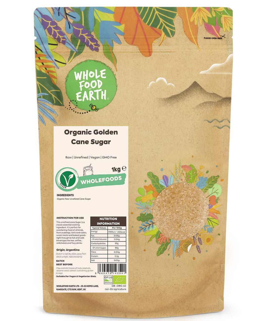 Wholefood Earth Organic Golden Cane Sugar 1kg | Unrefined | Vegan | Raw