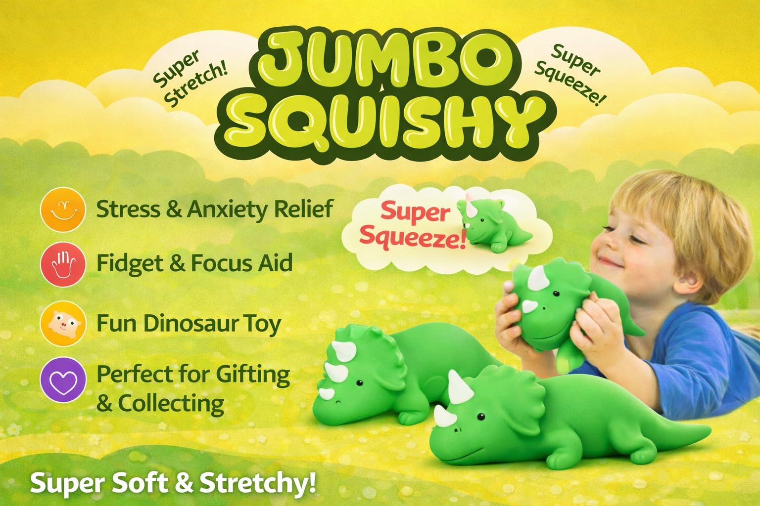 Keycraft Jumbo Squishy Dinosaur Slow-Rise Sensory Toy - Extra Large (32cm) Green | Stress Relief 5