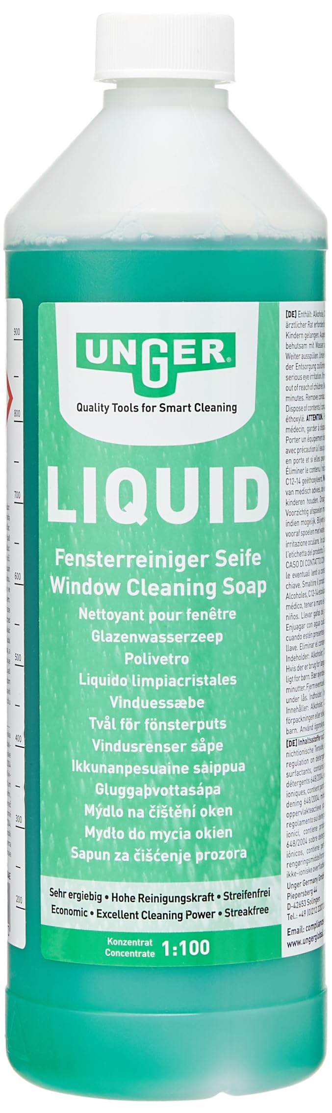 Unger FR100 Window Cleaning Liquid Soap - Smear-Free Glass Cleaner Concentrate 1L 1