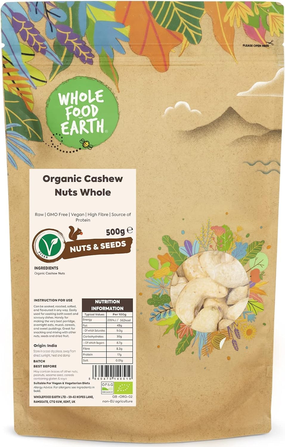 Wholefood Earth Organic Cashew Nuts Whole – 500g | Raw | GMO Free | Vegan 1