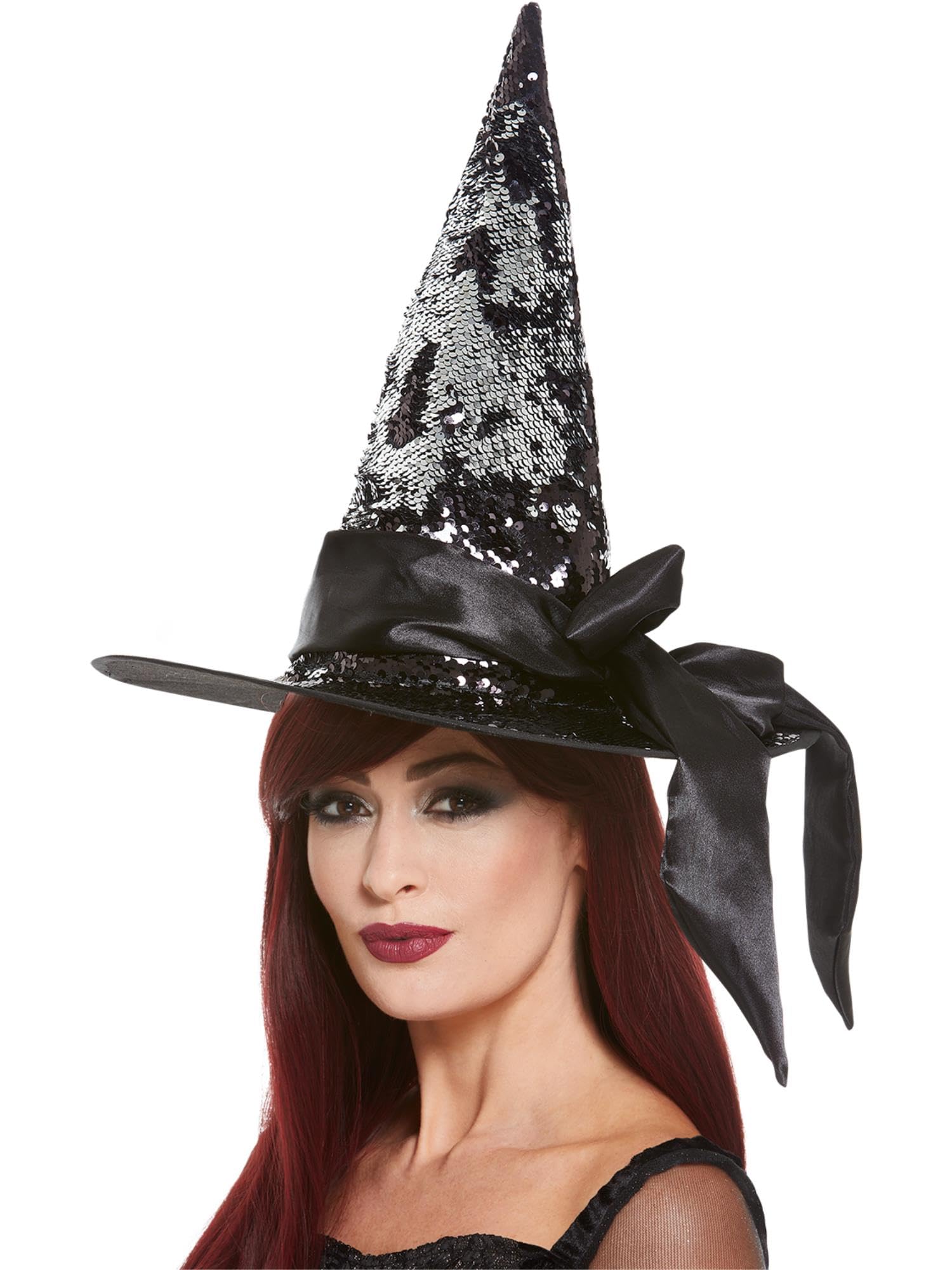 Smiffys Reversible Sequin Witch Hat with Satin Bow, Black & Silver, Halloween Costume Accessory