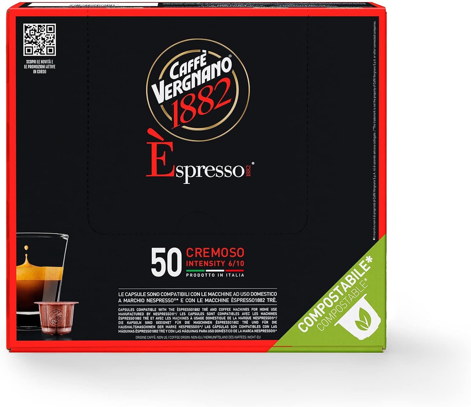 Caffè Vergnano 1882 Èspresso - Compostable Coffee Capsules for Nespresso® and Èspresso1882 TRÈ Machines (50 Capsules)