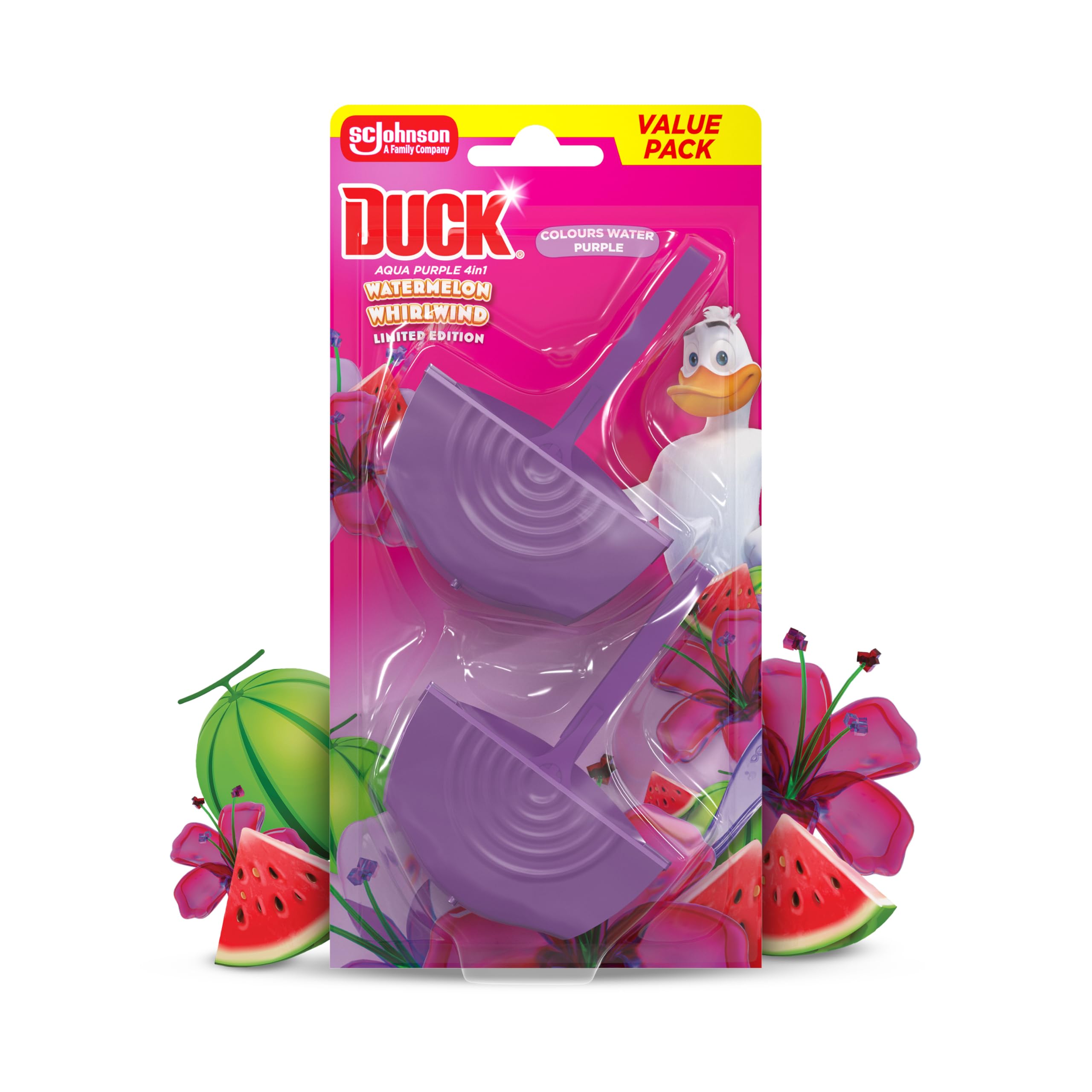 DUCK Watermelon Whirlwind Rim Block Toilet Cleaner - Foaming Action, Purple Color, Anti-Limescale | 2 Count