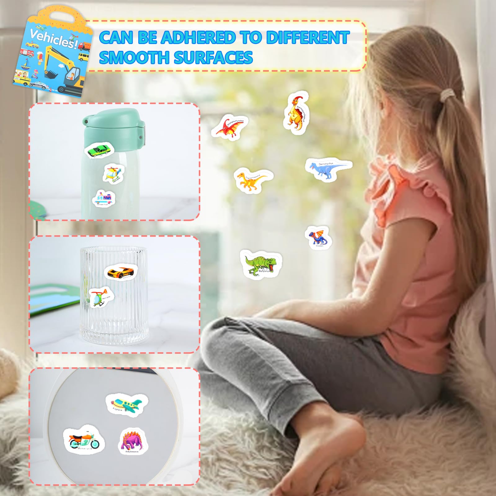 MOXYOY 2 Pack Reusable Sticker Books for Kids - Dinosaur & Vehicle Themes, Educational DIY Toys for Ages 3+ 3