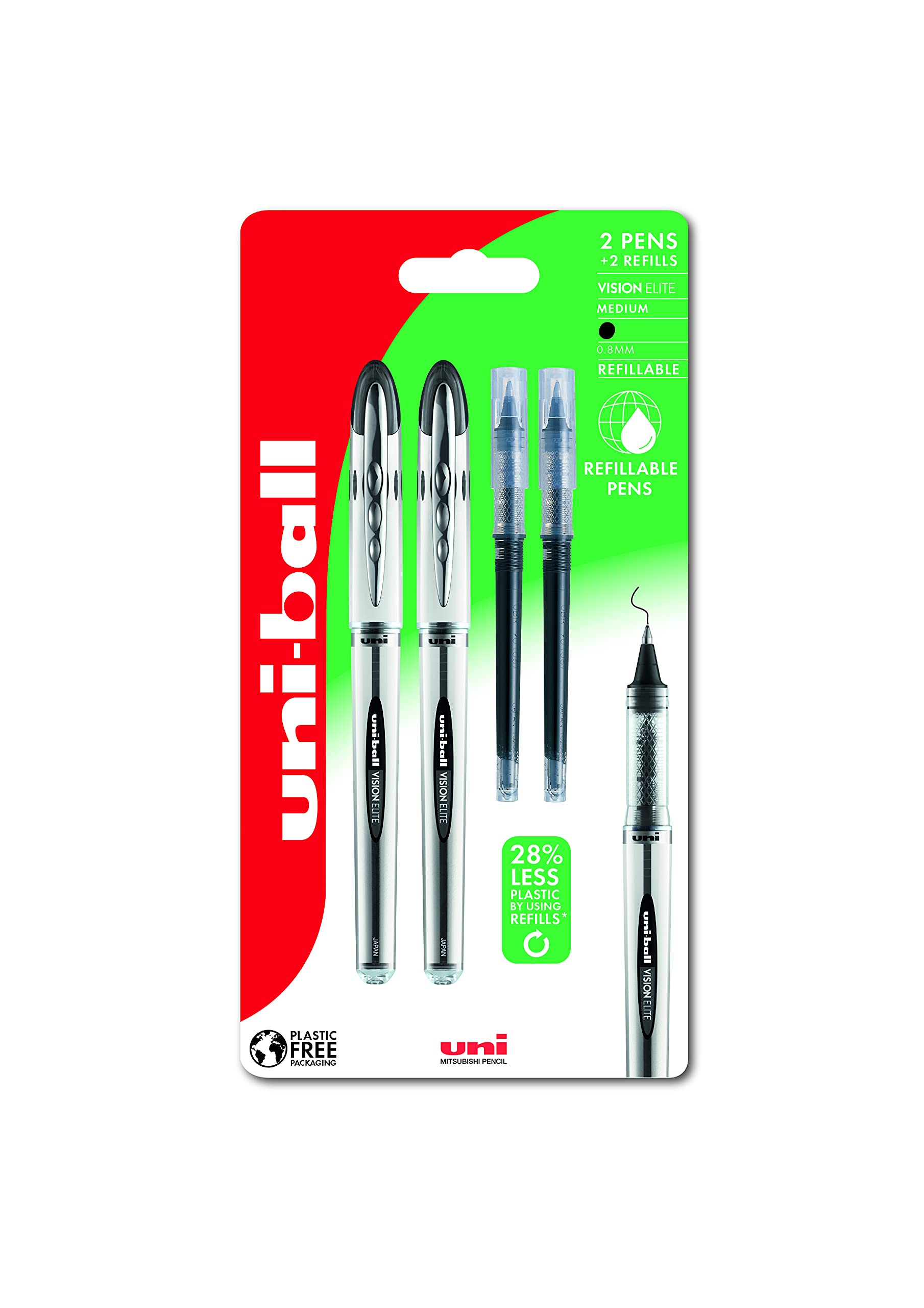 uni-ball Vision Elite Rollerball Pens - Medium 0.8mm Tip, Black Ink, 4-Piece Set with 2 Refills