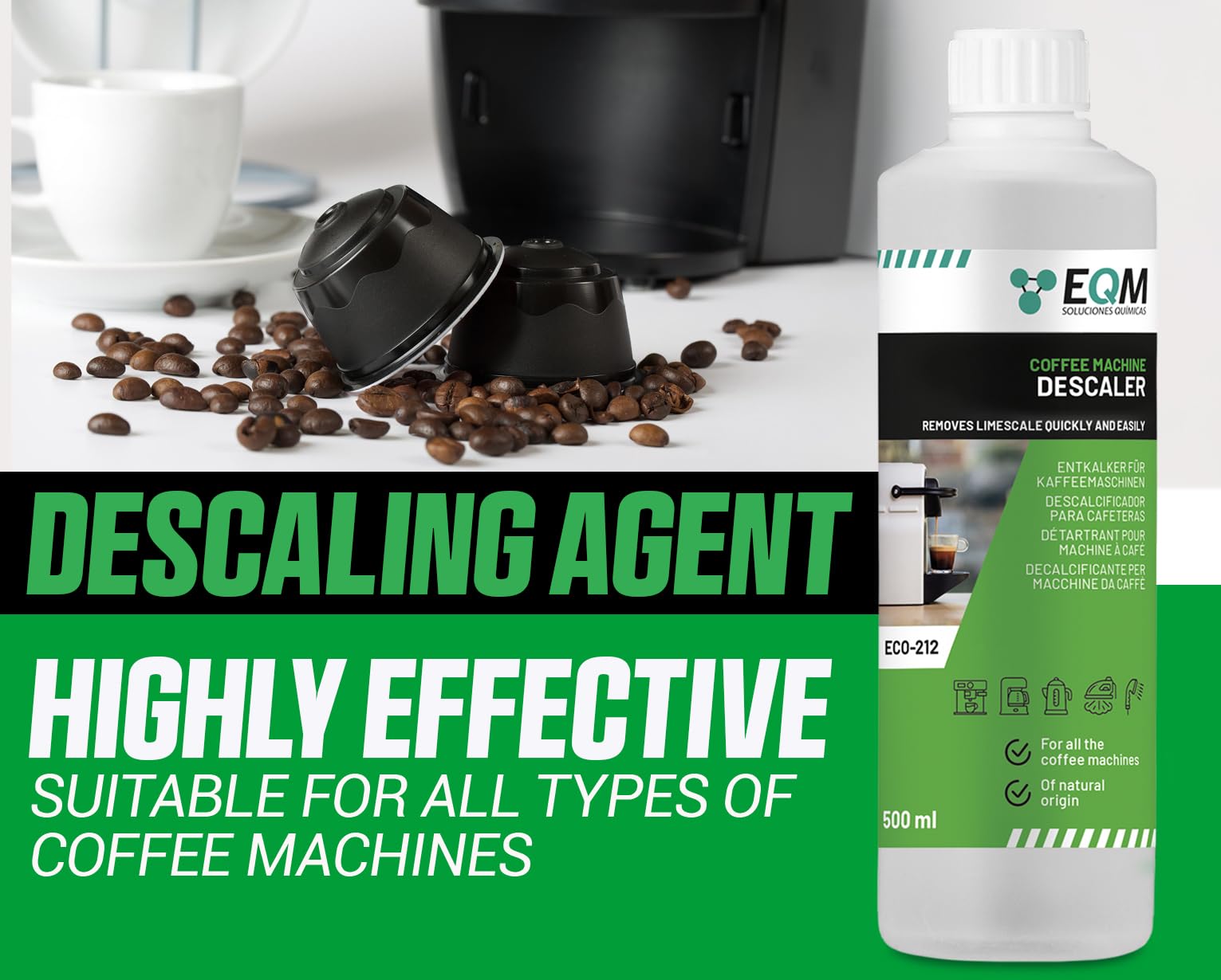 EQM SOLUCIONES QUIMICAS ECO-212 Coffee Machine Descaler - 500 ml | 100% Natural Origin | Citric Acid