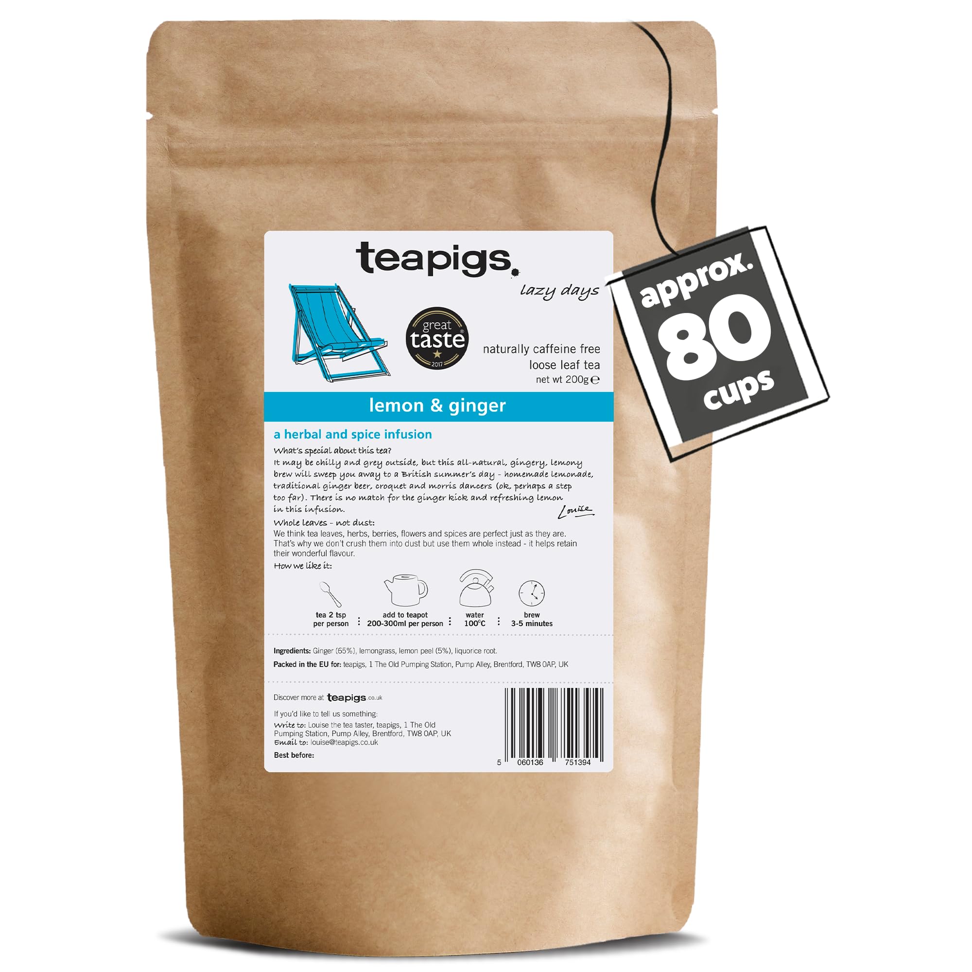 teapigs Lemon & Ginger Loose Leaf Herbal Tea - 200g Whole Leaf Infusion | Caffeine-Free