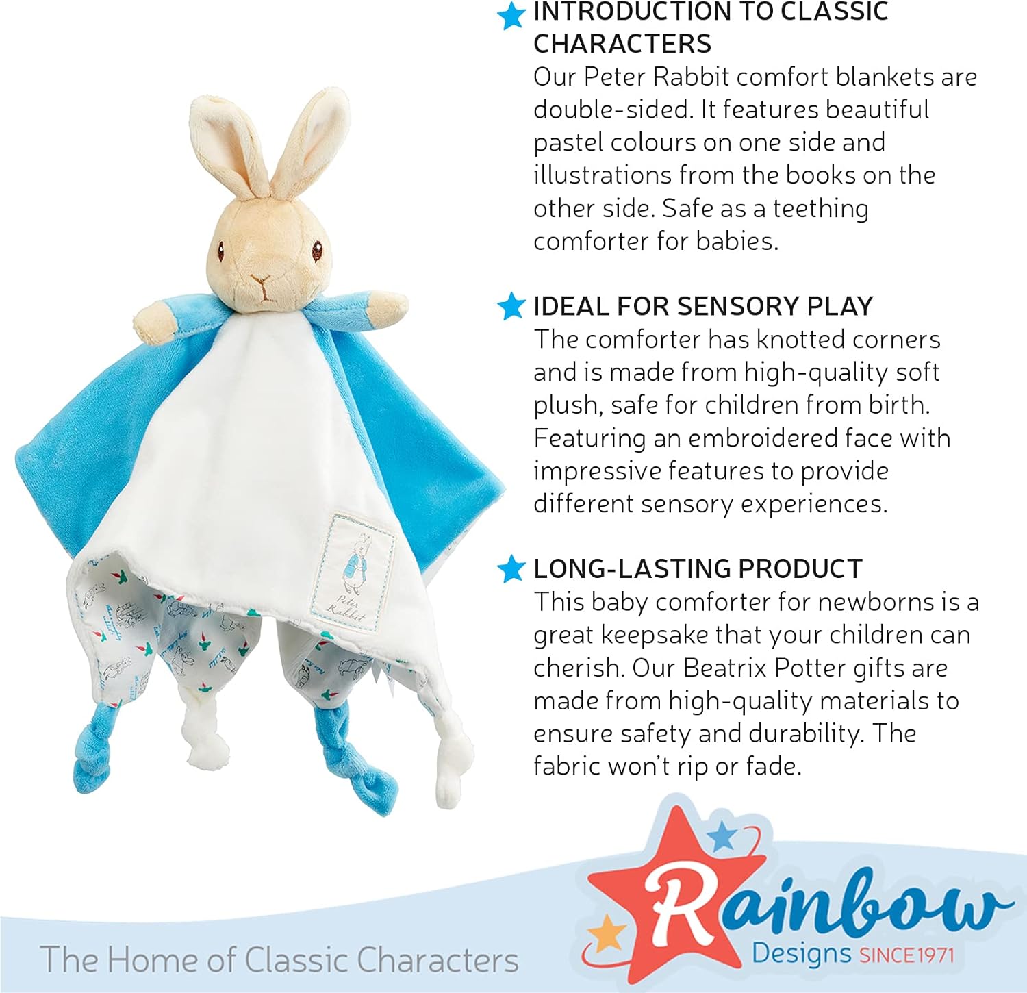 Peter Rabbit Comfort Blanket - Soft Plush Baby Toy with Knotted Corners 4