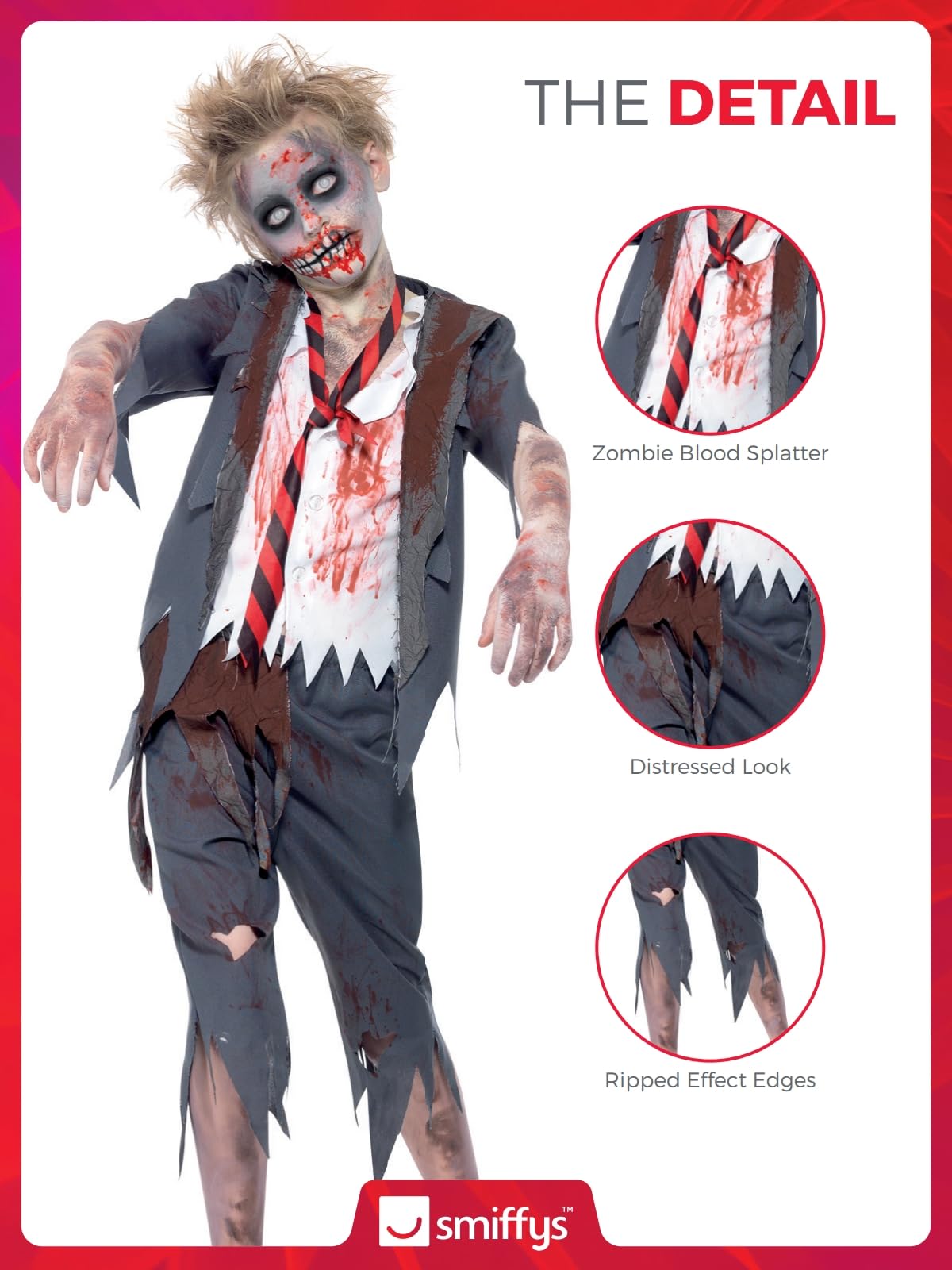 Smiffys Zombie School Boy Costume - Grey Full Set with Trousers, Jacket, Mock Shirt & Tie for Kids Ages 7-9 6