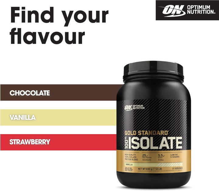 Optimum Nutrition ON Gold Standard 100% Isolate Pure Whey Protein Powder - 25g Protein per Serving, Low Carb, Low Fat, Chocolate, Vanilla, Strawberry Flavors