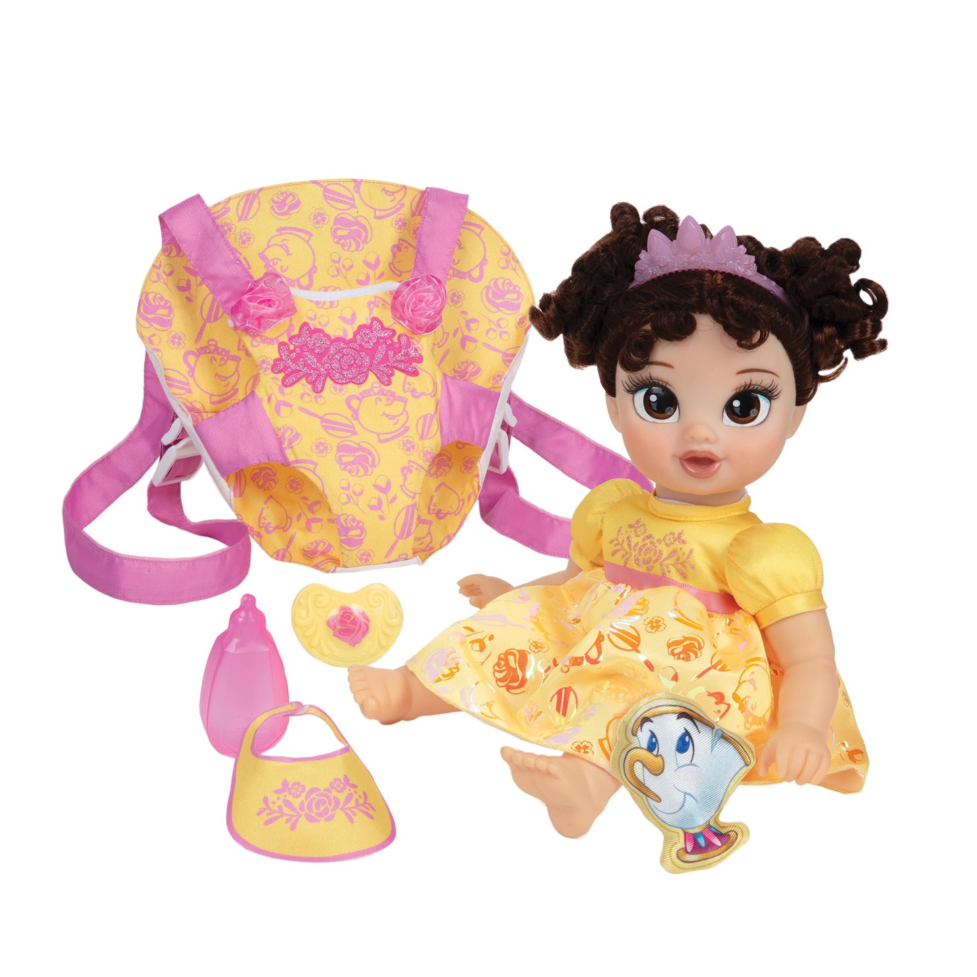 Disney Princess Baby Belle Doll with Carrier Set by Jakks Pacific | Includes Chip Plush Friend | Ages 2+ 3