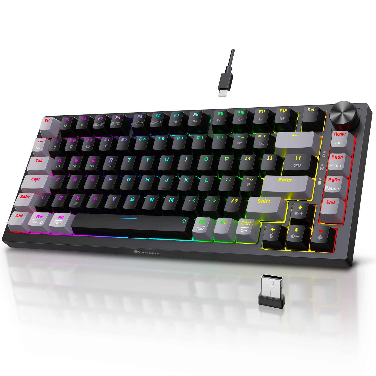 KOORUI MK082 82-Key Mechanical Gaming Keyboard - Wireless/Wired RGB Backlit with Brown Switch
