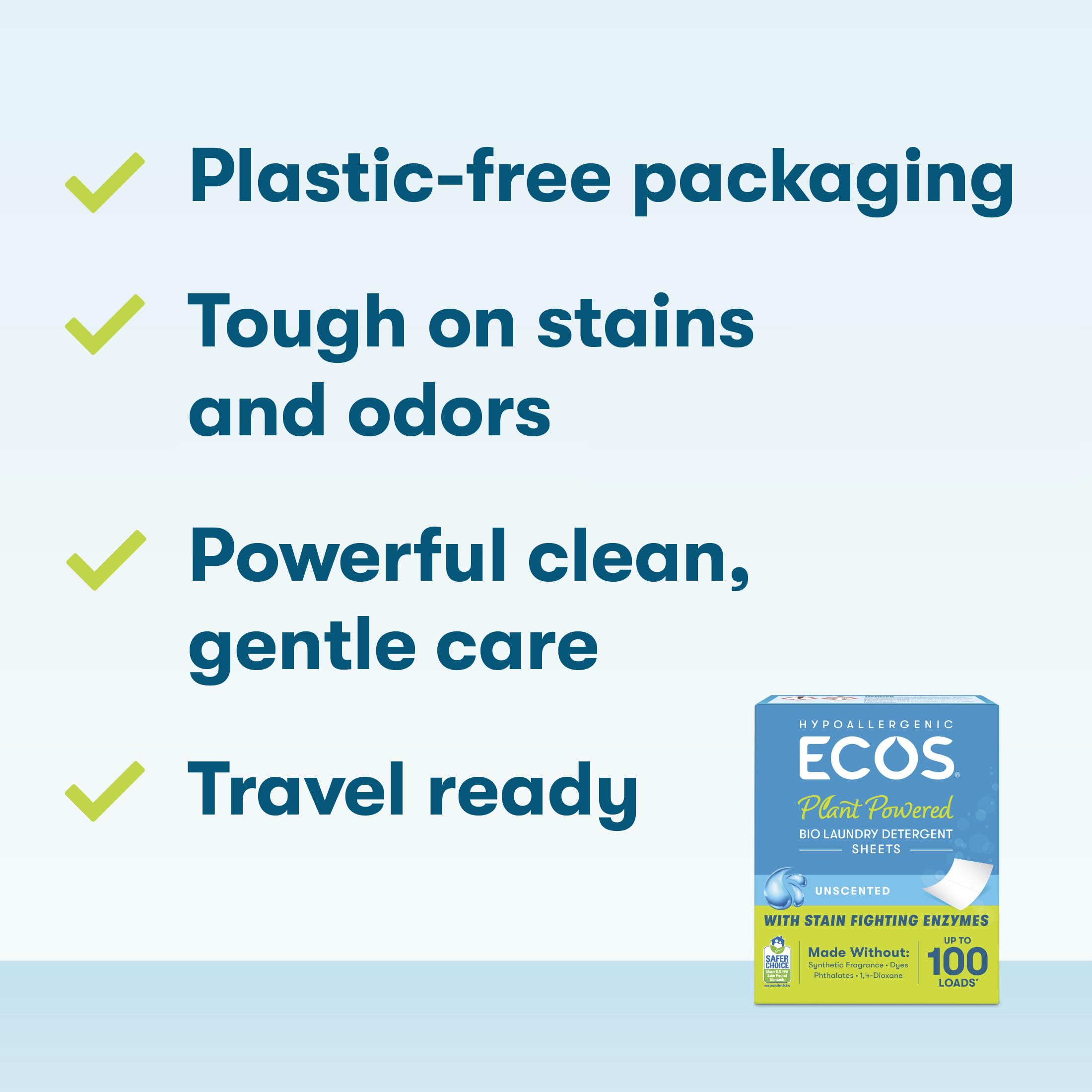ECOS Hypoallergenic Laundry Detergent Sheets, Fragrance-Free, 50 Count