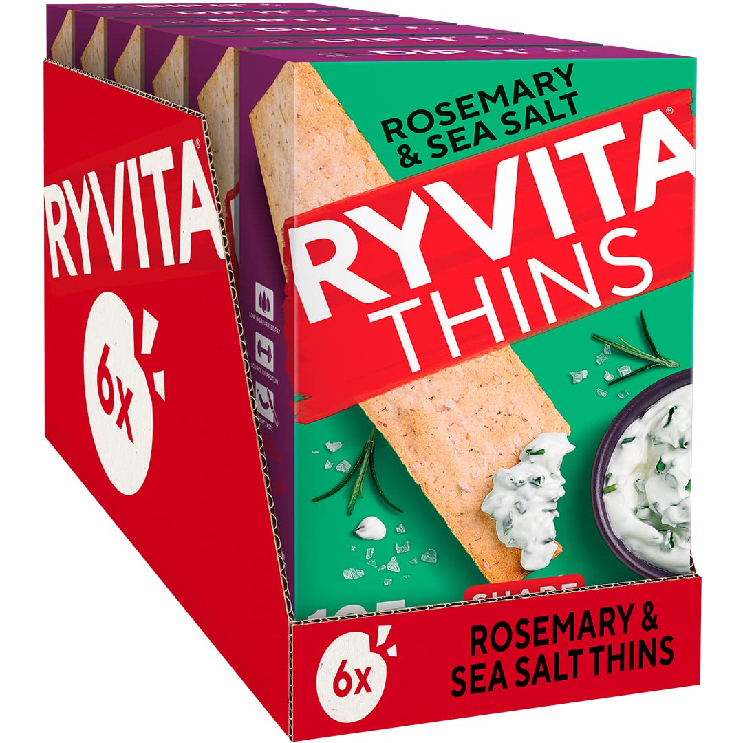 Ryvita Rosemary & Sea Salt Thins | 6 x 125g | Fibre-Rich Crackers | Dipping, Snacking, Sharing | Made in UK