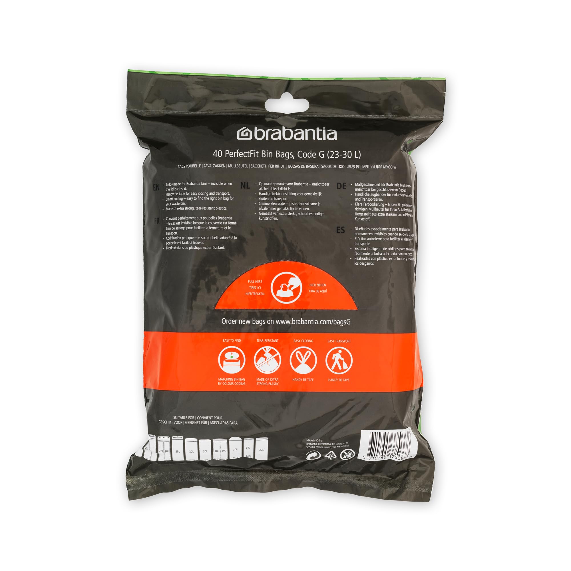 Brabantia PerfectFit Bin Liners - Tear-Resistant Plastic Bags with Tie Tape Drawstring, Code G (23-30L), 40 Count