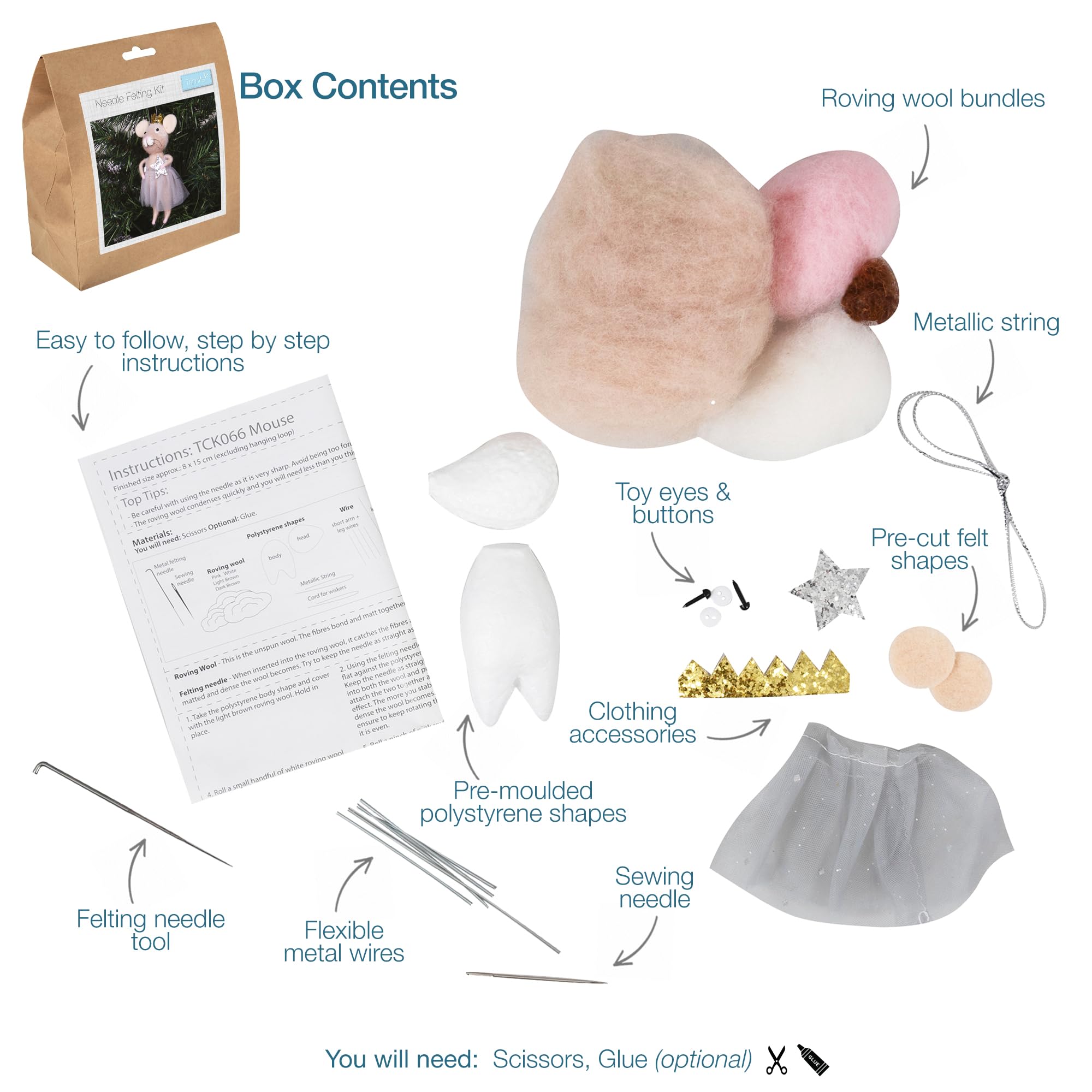 Trimits Needle Felting Craft Kit - Nordic Mouse Christmas Craft Kit for Beginners 11