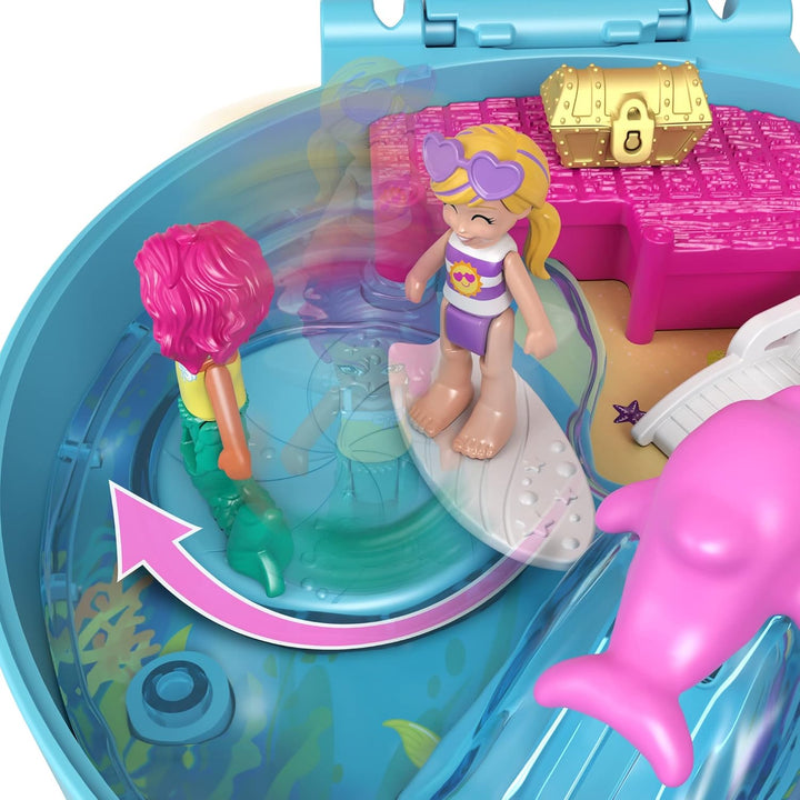 Polly Pocket Dolphin Beach Compact Playset with Micro Polly & Mermaid Doll, 5 Reveals & 13 Accessories