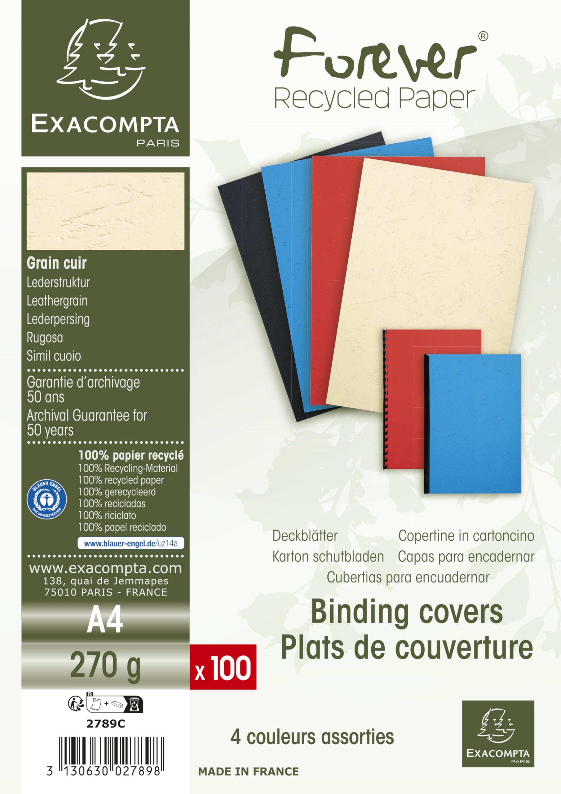 Exacompta Forever Collection Ref 2789C - A4 Binding Covers | Leather Grain Effect | 100 Pack Assorted 2