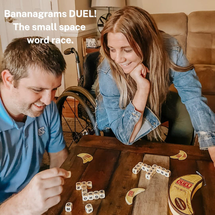 BANANAGRAMS Duel Word Game for Two Players with 24 Letter Dice and Banana-Themed Challenge Cards