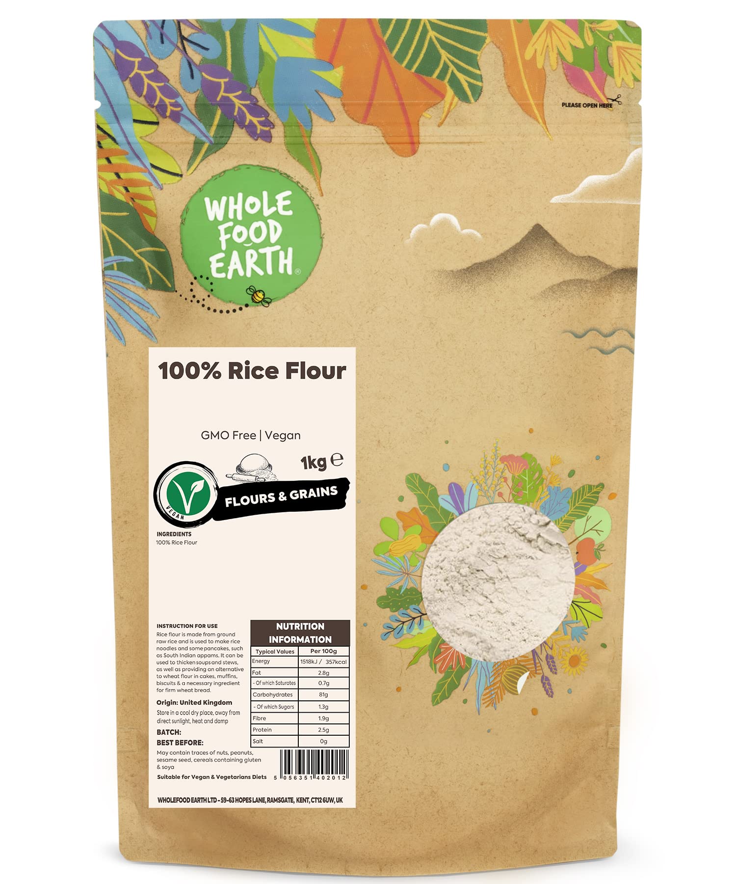 Wholefood Earth 100% Rice Flour 1 kg - GMO Free, Vegan, Recyclable Packaging 1