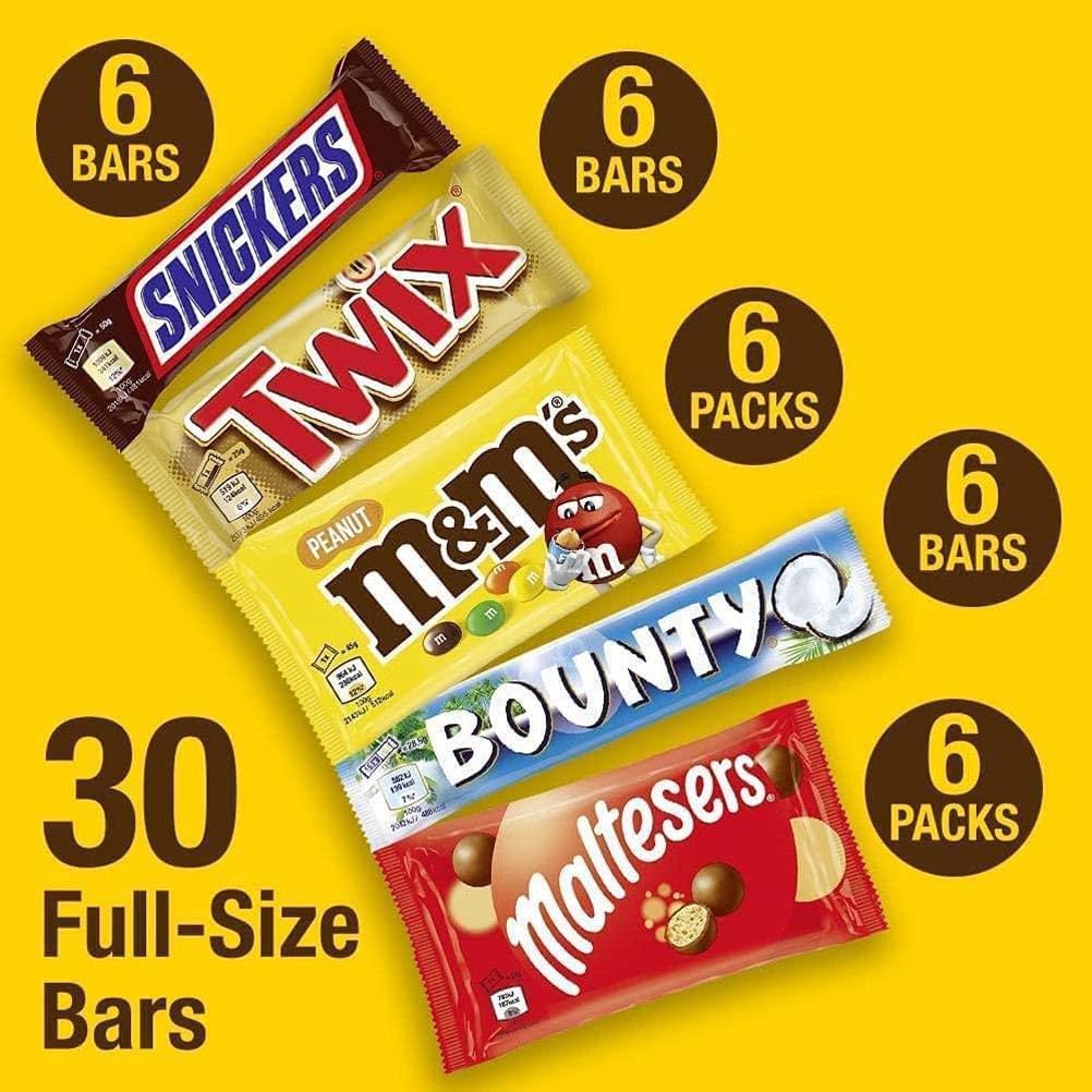 Mixed Bulk Chocolate Box with Snickers, Twix, M&M's Peanuts, Maltesers & Bounty - 30 Full-Size Bars