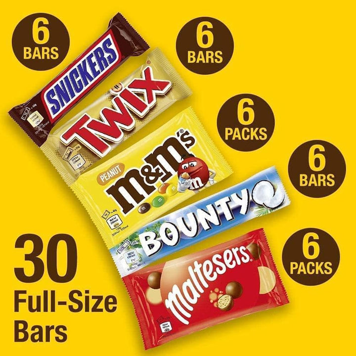 Mixed Bulk Chocolate Box with Snickers, Twix, M&M's Peanuts, Maltesers & Bounty - 30 Full-Size Bars